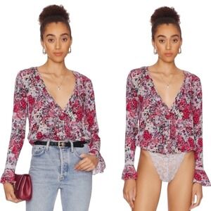 Free People Floral V-Neck Button-Front Blouse in Pink and Red